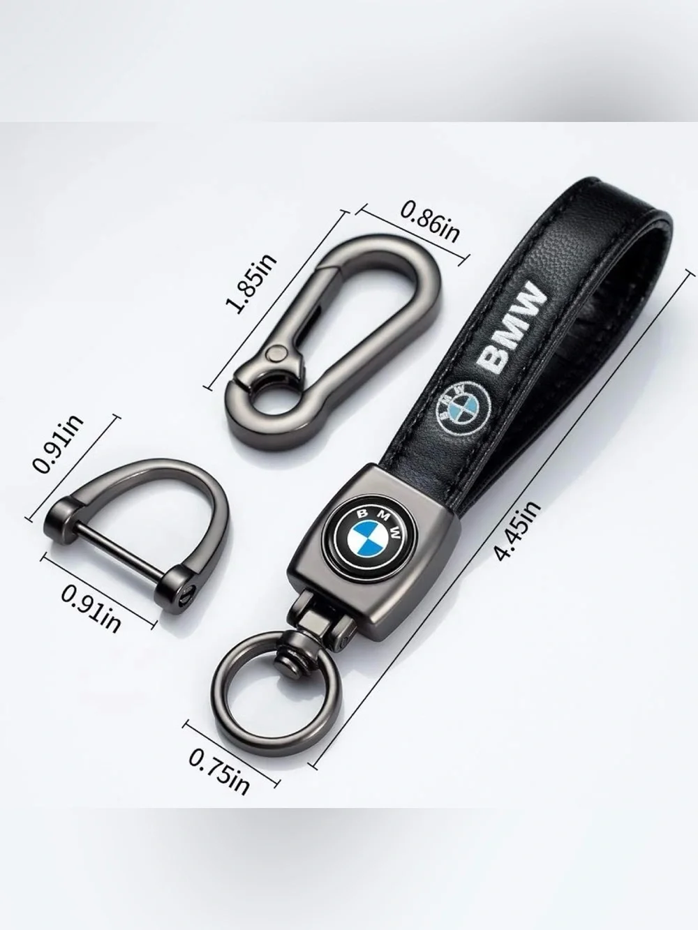 BMW Black Leather Keychain with Gunmetal Clip and Emblem